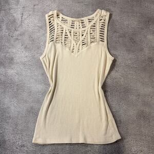 Cream Knit Ribbed Crochet Shimmer Tank T40